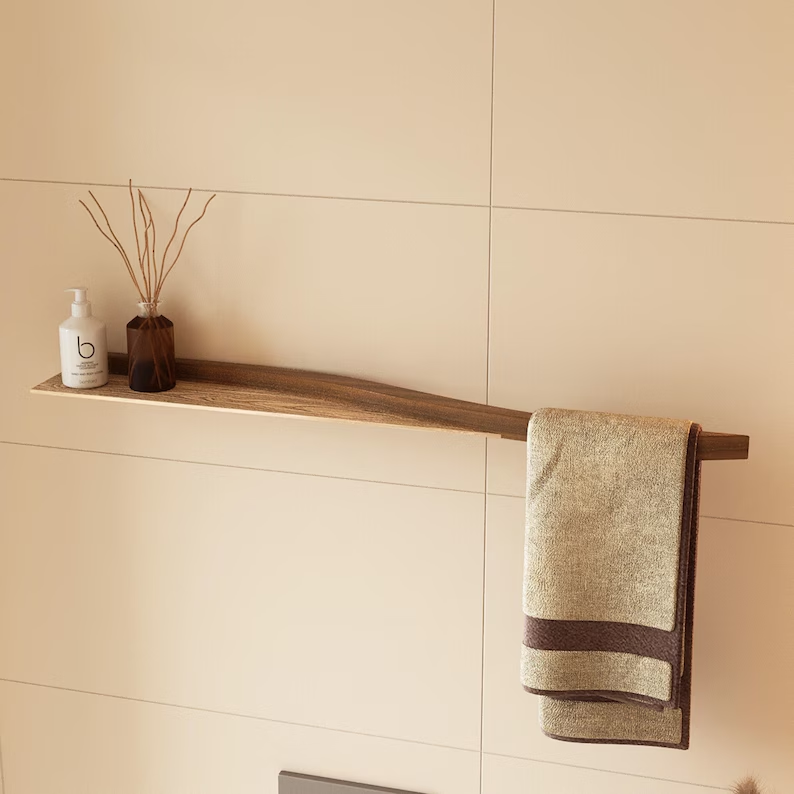 Towel Holder with Shelf, Wall Mounted Floating Towle Drying Rack Modern Style, Horizontal Walnut Bathroom Organizer