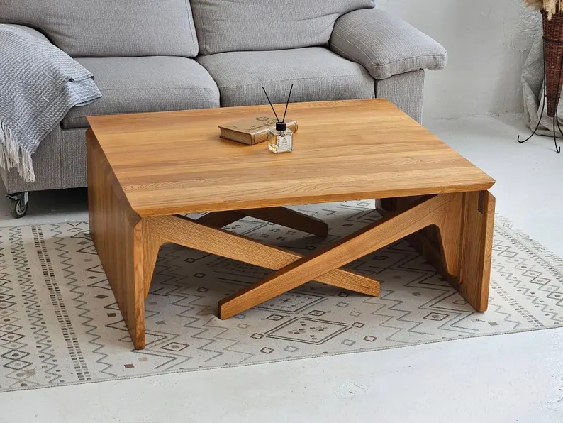 Adjustable Height Transformer Table 2-in-1 – Solid Wood Folding Coffee and Dining Table – Space-Saving Expandable Table for Home and Office