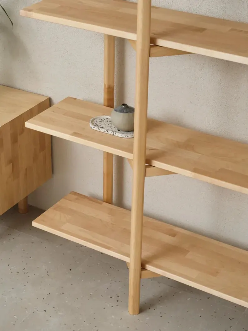 Solid Wood Japandi Shelf – Modern Beech Bookcase – Open Storage Unit