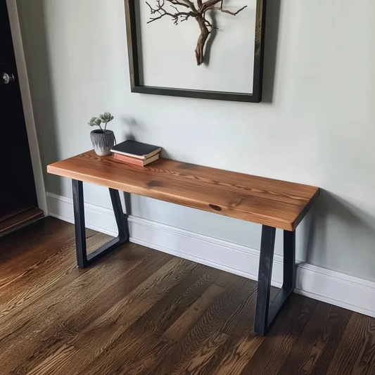 Wood Bench - Handmade Rustic Bench | Trapezoid Steel Legs | Entryway Bench | Coffee Table with Trapezoid Legs | Farmhouse Wood Bench