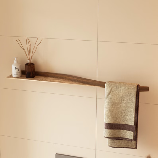 Towel Holder with Shelf, Wall Mounted Floating Towle Drying Rack Modern Style, Horizontal Walnut Bathroom Organizer
