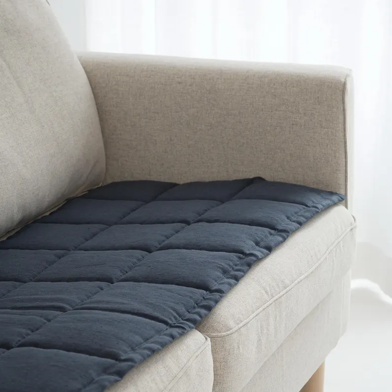 Linen Couch Slipcover for Dogs and Kids, Quilted Sofa Topper Pad, Two-Sided Seat Protector, Handmade Sofa