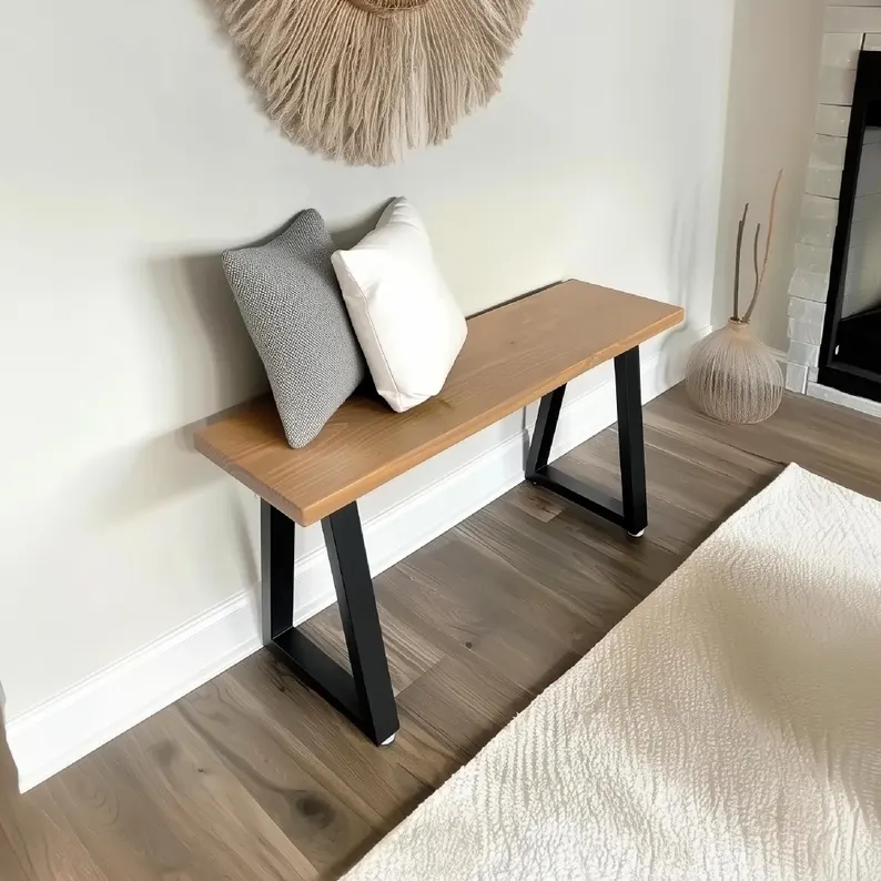 Wood Bench - Handmade Rustic Bench | Trapezoid Steel Legs | Entryway Bench | Coffee Table with Trapezoid Legs | Farmhouse Wood Bench